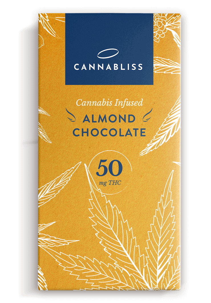 Cannabliss Almond Chocolate Cannabis Edible Almond chocolate infused with cannabis, 50mg THC, for relaxation and pain relief.