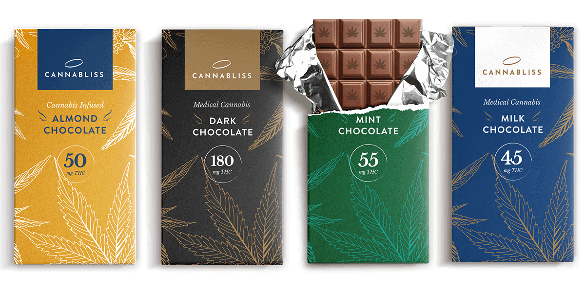 Cannabliss Chocolate Assortment Assorted Cannabliss cannabis-infused chocolates in almond, dark, mint, and milk flavors.