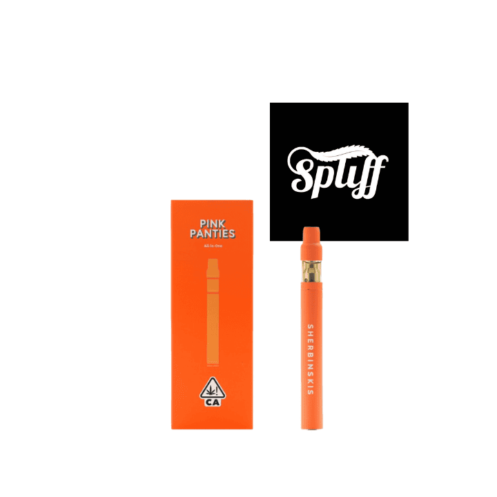 Pink Panties Disposable Vape Pen for discreet cannabis consumption at Spliff Nation Dispensary. Disposable vape pen with orange design and "Pink Panties" branding.