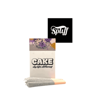 Dispensary sign with Cake product packaging at Spliff Nation in Los Angeles.
