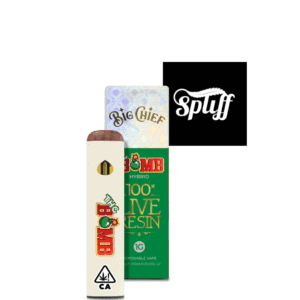 Disposable vape pen with Big Chief and Bomb Hybrid branding, cannabis-themed design.
