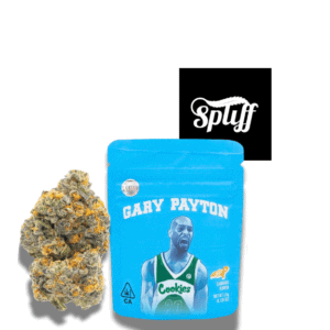 Cannabis strain Gary Payton in Cookies branded packaging with bud.
