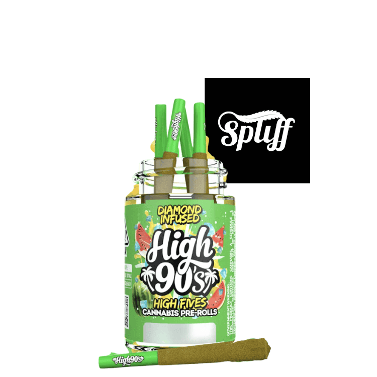 High 90s Cannabis Pre-Rolls Dispensary Cannabis pre-rolls in a jar with High 90s branding at Dispensary.