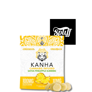 Kanha Pink Lemonade Gummies with pineapple flavor, indica cannabis-infused edibles.